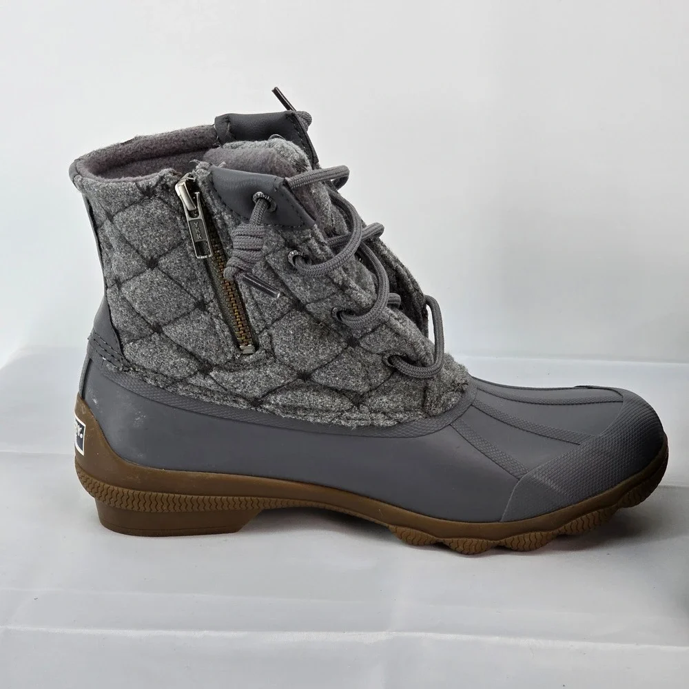 Sperry Quilted Duck Boots‎ Gray Zip Lace Up Waterproof Winter Women 5 NWOB